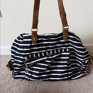 Striped Navy and White Weekender Bag with Tan Straps